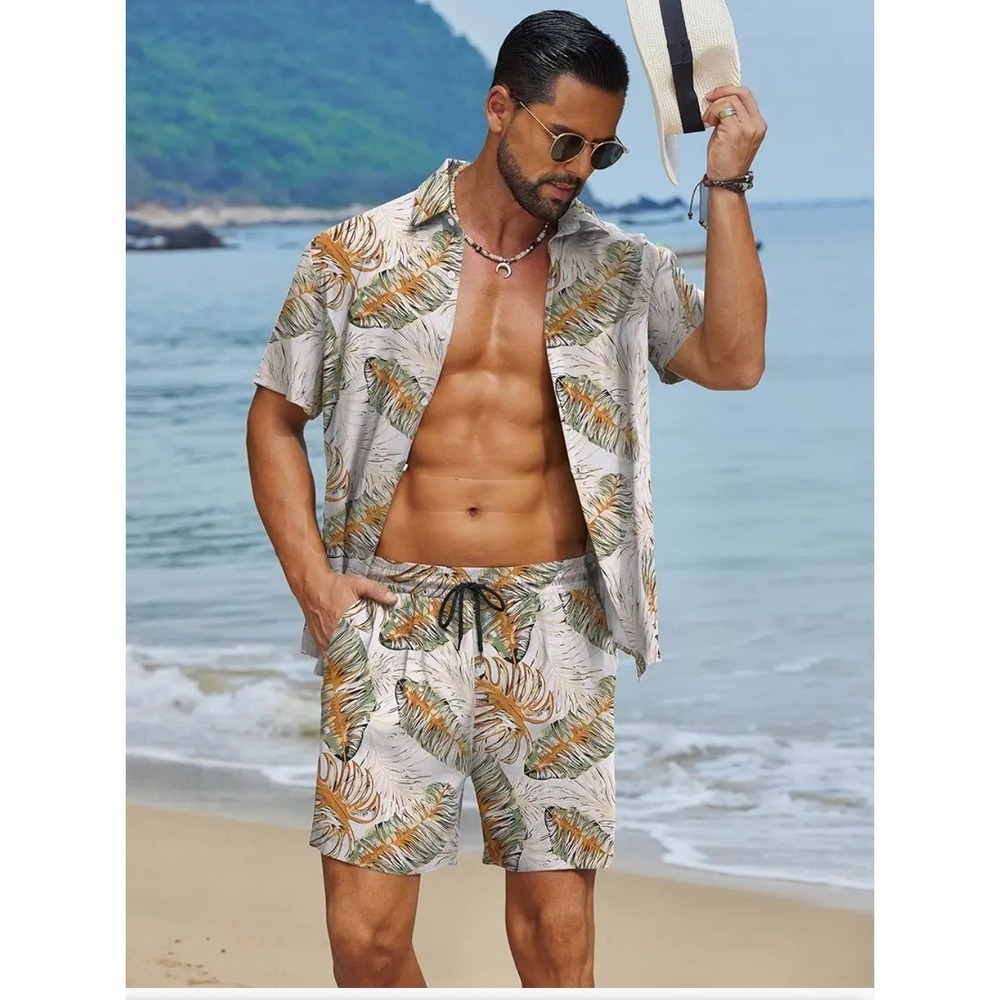 NWT Men's LG Hawaiian Summer Beach 2 Piece Button Down Shirt & Shorts Vacation - Picture 4 of 12